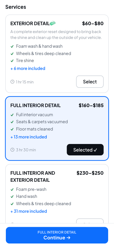 A shop's booking page where a customer has selected the Full Interior Detail