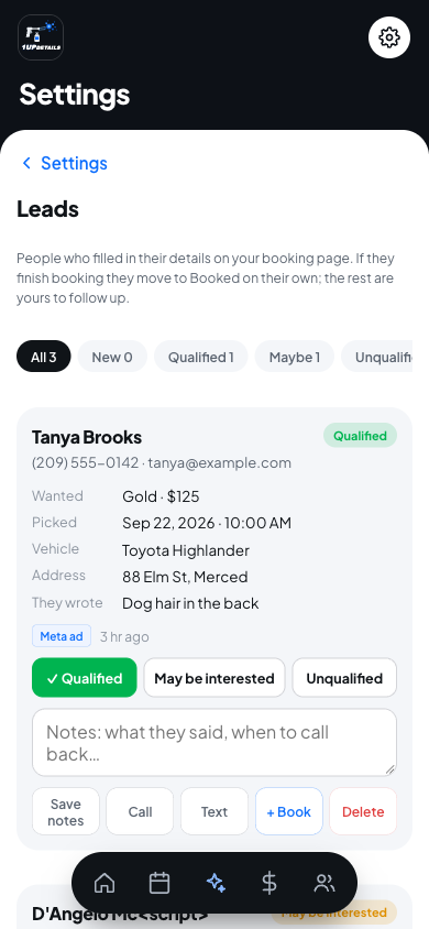 Leads screen with status buttons and notes